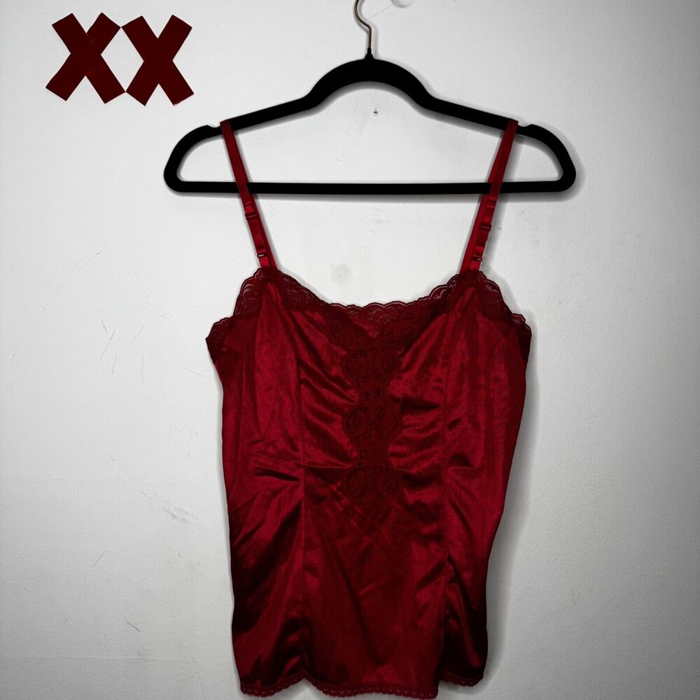 Vtg Cherry 🍒 Red Satin Cami Lace Babydoll Camisole Tank Top Grunge Whimsygoth M